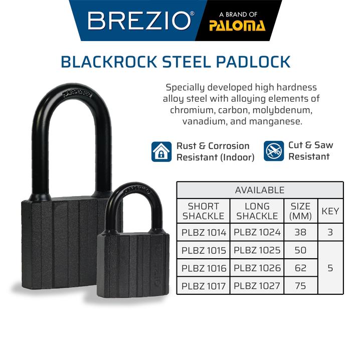BREZIO Gembok Padlock Pagar Loker Kunci Pintu Leher Panjang Pendek Shackle Long Short Baja Hardened Steel Silinder Kuningan Brass Cylinder Hitam BlackRock Black Rock PLBZ 10