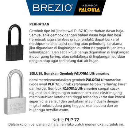 BREZIO Gembok Padlock Pagar Loker Kunci Pintu Leher Panjang Pendek Shackle Long Short Baja Hardened Steel Silinder Kuningan Brass Cylinder Hitam BlackRock Black Rock PLBZ 10