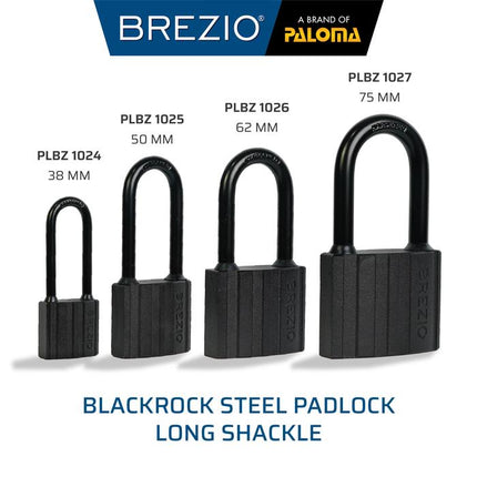 BREZIO Gembok Padlock Pagar Loker Kunci Pintu Leher Panjang Pendek Shackle Long Short Baja Hardened Steel Silinder Kuningan Brass Cylinder Hitam BlackRock Black Rock PLBZ 10