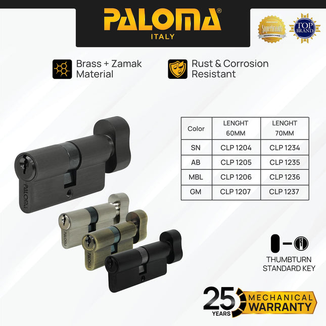 Knob Cylinder PALOMA CLP 1204 1205 1206 1207 1234 1235 1236 1237 Kunci Pintu Silinder Knob Anak Kunci Lite KC-SK Brass Kuningan Zamak Silver Grey Abu Antique Antik Black Hitam Gunmetal Gun Metal