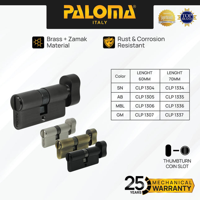 Silinder Knob PALOMA CLP 1304 1305 1306 1334 1335 Cylinder Kunci Pintu Non Key Tanpa Kunci Lite KC-NK Brass Kuningan Zamak Silver Antique Antik Black Hitam