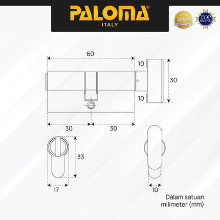 Knob Cylinder Non Key PALOMA CLP 794 Kunci Pintu Silinder Knob Tanpa Kunci 60 mm Brass Kuningan Silver Grey Abu