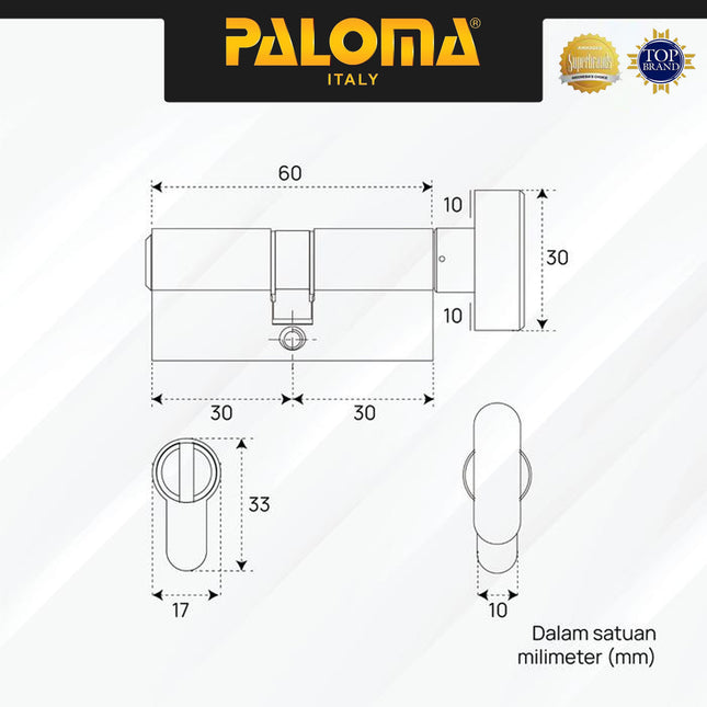 Knob Cylinder Non Key PALOMA CLP 794 Kunci Pintu Silinder Knob Tanpa Kunci 60 mm Brass Kuningan Silver Grey Abu