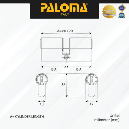Cylinder Kunci PALOMA CLP 1104 CLP 1105 CLP 1106 CLP 1107 CLP 1134 CLP 1135 CLP 1136 CLP 1137 Pintu Silinder Double Cylinder Knob Standard Key Lite DC-SK Zamak Brass Kuningan Silver Satin Antique Antik Black Hitam Gunmetal Gun Metal
