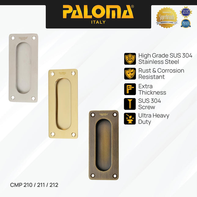 Handle Sliding PALOMA CMP210 CMP211 CMP212 Gagang Pintu Door Comen Flush Tanam Geser Square Kotak 12 cm Stainless Steel SUS 304 Gold Chrome Silver Antique Emas Abu Antik