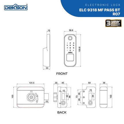 DEKKSON Electronic Lock Kunci Digital ELC 9318 MF PASS BT R07 Fingerprint Bluetooth Doorbell