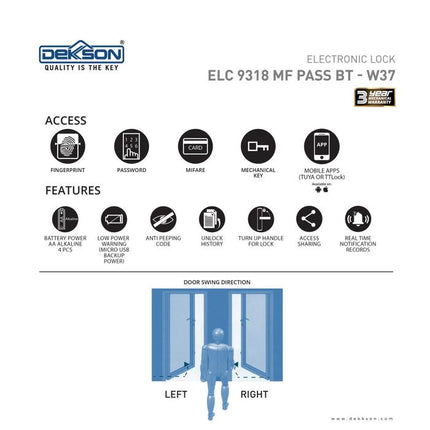 Smart DIgital Lock DEKKSON ELC 9318 MF PASS BT W37 TUYA Electronic Lock Kunci Digital