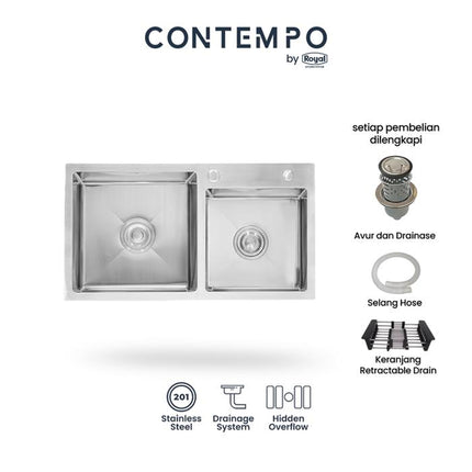 Kitchen Sink Royal Silver Metallic Series Contempo Doppio | Bak Cuci Piring Stainless Steel 75 x 40 Cm