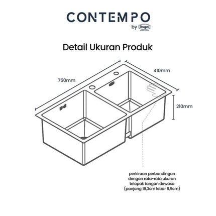 Kitchen Sink Royal Silver Metallic Series Contempo Doppio | Bak Cuci Piring Stainless Steel 75 x 40 Cm