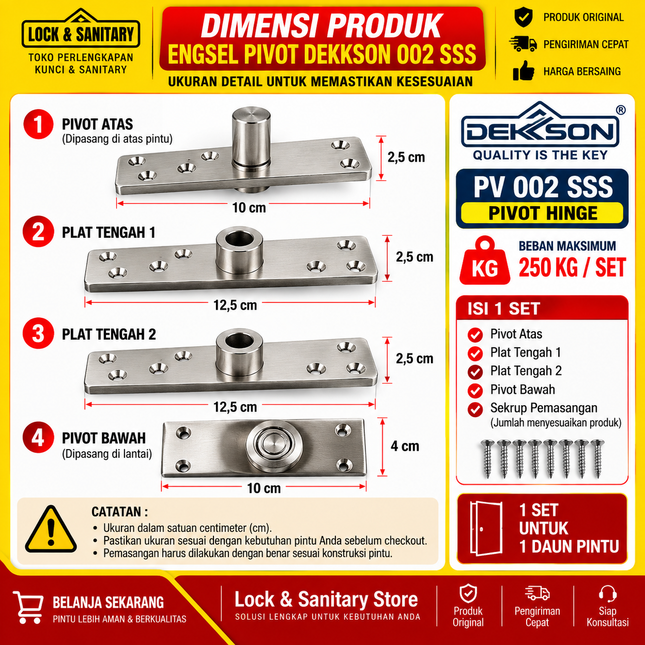 Dimensi dan Ukuran Engsel Pivot Dekkson PV 002 SSS 250 KG