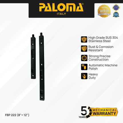 Flush Bolt 8" + 12" inch PALOMA FBP 222 Matte Black Hitam Grendel Gerendel Tanam Slot Pintu Door Stainless Steel SUS 304 SUS304