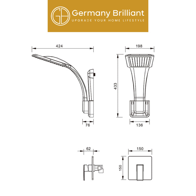Head Shower Set Germany Brilliant GBB1021H-W Kepala Rain Sower Kamar Mandi Rainfall Original