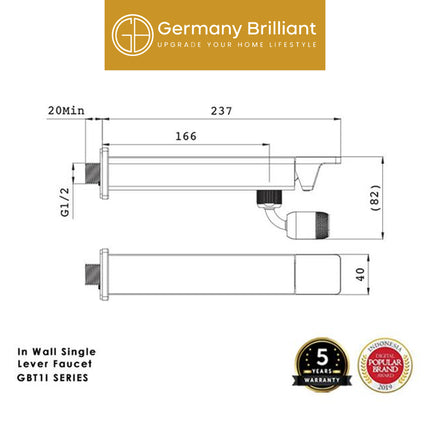 Kran Air Wastafel Germany Brilliant GBT1I Keran Dinding Cuci Tangan Dingin Chrome Black