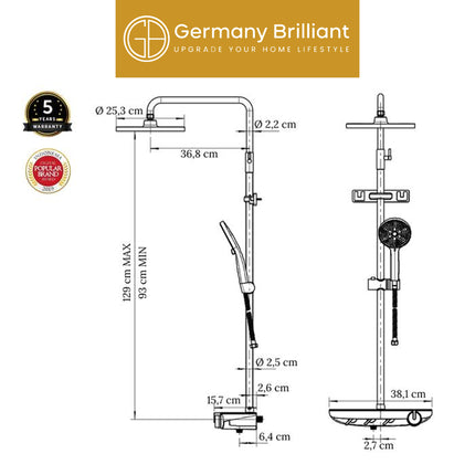 Shower Tiang Set Germany Brilliant GBV1888MBG Sower Column Lengkap Keran Mixer Kran Air Panas Dingin