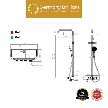 Shower Tiang Set Germany Brilliant GBV789A Sower Column Keran Mixer Kran Air Panas Dingin Kamar Mandi