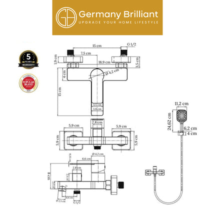 Hand Shower Germany Brilliant GBVS38A Series Keran Mixer Kran Air Panas Dingin Kamar Mandi