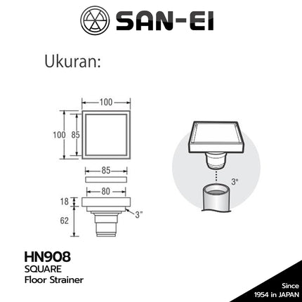 Floor Drain Square SANEI HN908 Smart Floor Strainer Saringan Air Got