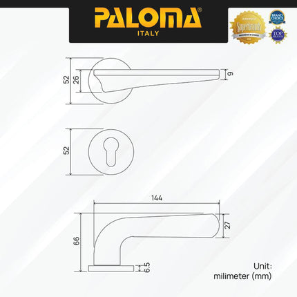 Door Handle PALOMA HRP 8144 Gagang Pintu Roses Lever Engkol Pisah Misah Superalum Lite Gold Emas
