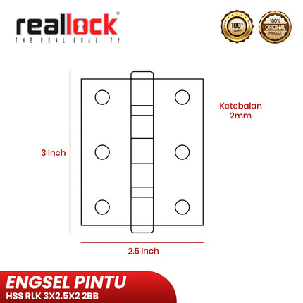 Engsel REALLOCK RLK 3X2.5X2MM 2BB SS Engsel Pintu Engsel Kupu-Kupu