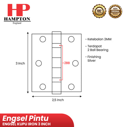 Engsel Hampton HST HMT IR 3" INCH 3X2.5X2 2BB SN Engsel Kupu Pintu Jendela