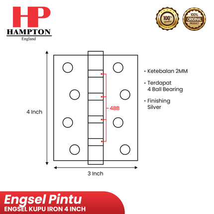 Engsel Hampton HST HMT IR 4" INCH 4X3X2 4BB SN Engsel Kupu Pintu Jendela