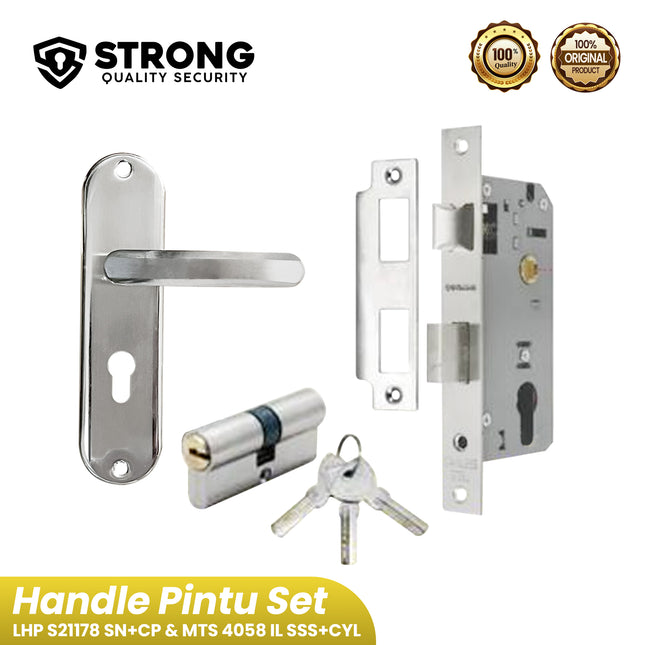 Handle Set Aluminium STRONG LHP S21178 SN+CP & MTS 4058 IL SSS+CYL Gagang Kunci Pintu Tanggung Mortise Lock & Silinder
