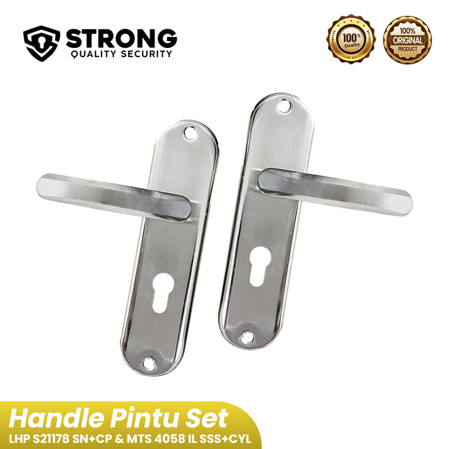 Handle Set Aluminium STRONG LHP S21178 SN+CP & MTS 4058 IL SSS+CYL Gagang Kunci Pintu Tanggung Mortise Lock & Silinder