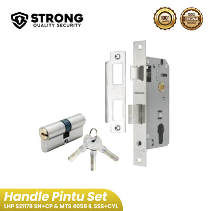 Handle Set Aluminium STRONG LHP S21178 SN+CP & MTS 4058 IL SSS+CYL Gagang Kunci Pintu Tanggung Mortise Lock & Silinder