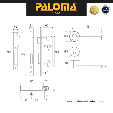Gagang Pintu Set Komplit PALOMA LRP 3211 Stainless Steel SUS304 Door Handle Pintu Roses Lever Engkol