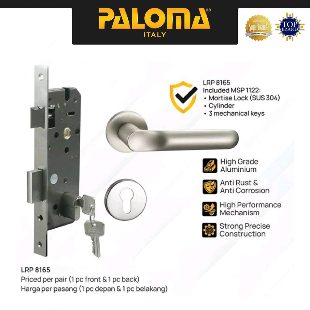 Handle Pintu Roses PALOMA LRP 8165 Gagang Pintu Door Lever Engkol Pisah Misah Paket Kunci Pintu Lockset Lock Set Complete Komplit Superalum Lite Chrome Silver Grey Abu