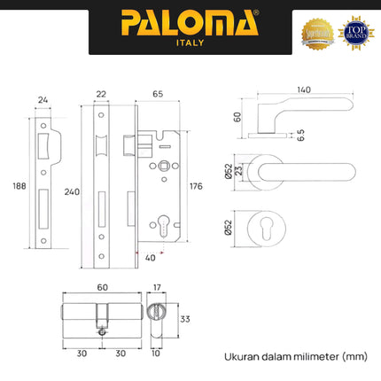 Handle Pintu Roses PALOMA LRP 8165 Gagang Pintu Door Lever Engkol Pisah Misah Paket Kunci Pintu Lockset Lock Set Complete Komplit Superalum Lite Chrome Silver Grey Abu