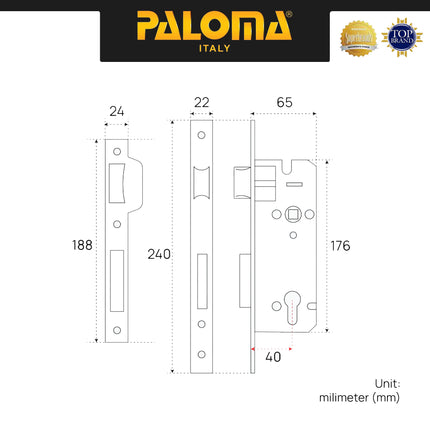 Bodi Kunci Set PALOMA MSP 1128 Mortise Lock Body Kunci Set Cylinder Kunci Pintu Stainless Steel SUS 304 SUS304 Matte Black Hitam