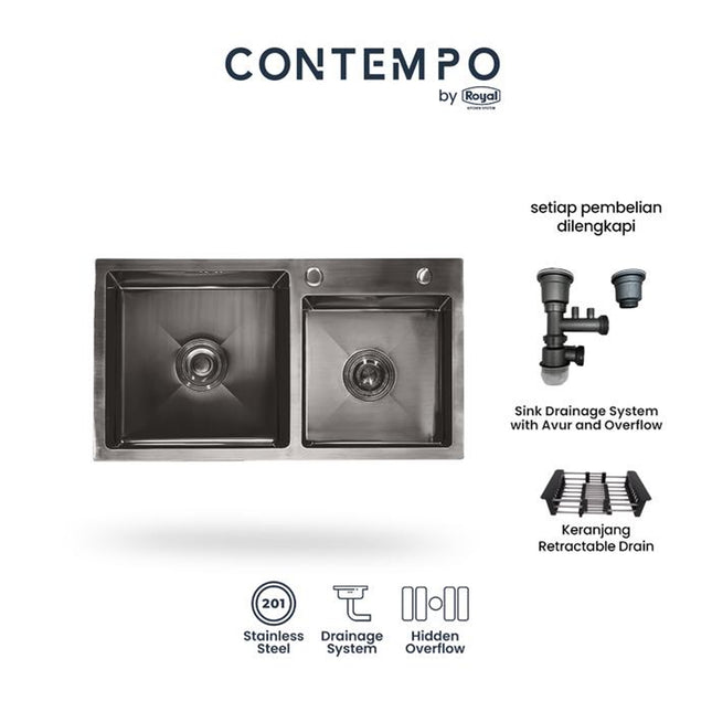 Kitchen Sink Royal Black Series Contempo Myra | Bak Cuci Piring Stainless Steel 75 x 40 Cm