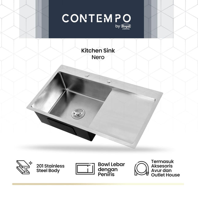 Kitchen Sink Royal Nero Silver Metallic Series Contempo | Bak Cuci Piring Stainless Steel 90 x 50 Cm