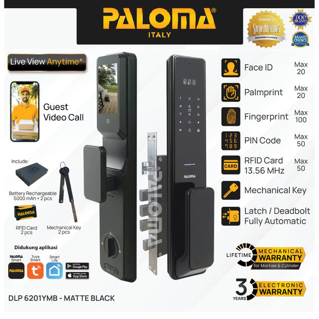 Digital Lock PALOMA DLP 6201YMB Smart Lock Face ID Palmprint Recognition Door