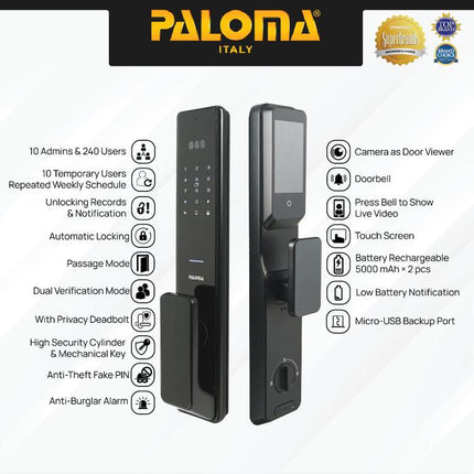 Digital Lock PALOMA DLP 6201YMB Smart Lock Face ID Palmprint Recognition Door