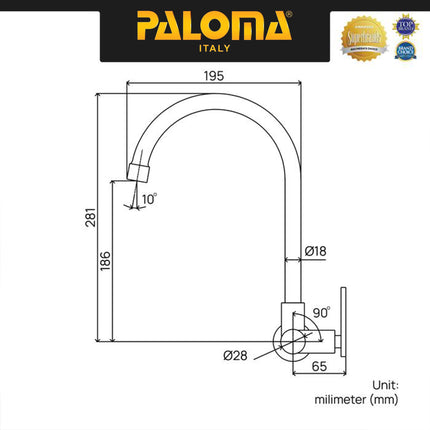 PALOMA FCP 1663 Kran Sink Leher Angsa Keran Dapur Kran Cuci Tangan Kran Air Sink Tembok Dinding Wall Brass Kuningan Chrome Krom