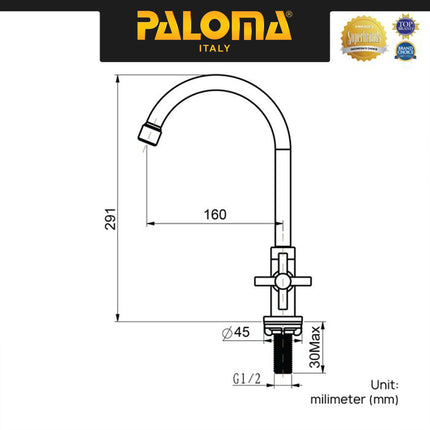 Kran Sink Leher Angsa PALOMA FCP 6361 Chrome Keran Dapur Kran Cuci Tangan Kran Air Sink Tembok Dinding Wall Brass Kuningan Krom
