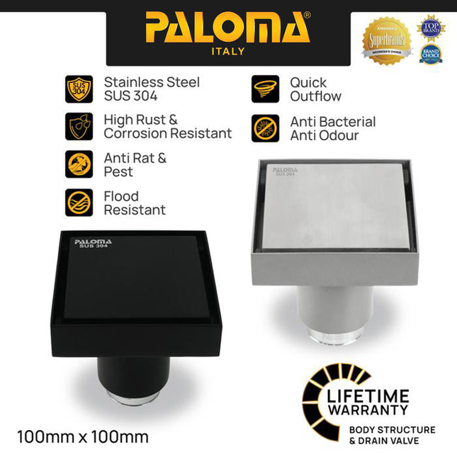 PALOMA FDP 2201 Floor Drain Saringan Got Kamar Mandi Floor Strainer Lubang Pembuangan Air Kamar Mandi Anti Bau Stainless Steel SUS 304 Satin DuraShield Matte Black Silver Grey Abu Hitam FDP 2201SD FDP 2201MB