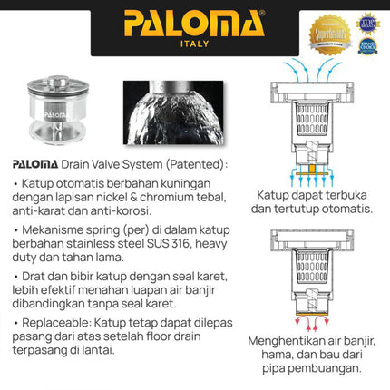 PALOMA FDP 2201 Floor Drain Saringan Got Kamar Mandi Floor Strainer Lubang Pembuangan Air Kamar Mandi Anti Bau Stainless Steel SUS 304 Satin DuraShield Matte Black Silver Grey Abu Hitam FDP 2201SD FDP 2201MB