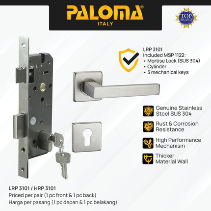 Handle Pintu Roses PALOMA HRP LRP 3101 Satin Gagang Pintu Door Lever Engkol Pisah Misah Paket Kunci Pintu Lockset Lock Set Complete Komplit Stainless Steel SUS 304