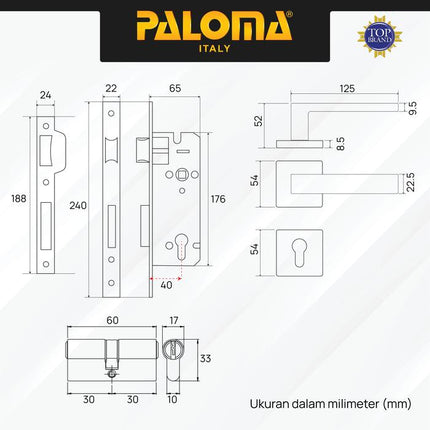 Handle Pintu Roses PALOMA HRP LRP 3101 Satin Gagang Pintu Door Lever Engkol Pisah Misah Paket Kunci Pintu Lockset Lock Set Complete Komplit Stainless Steel SUS 304