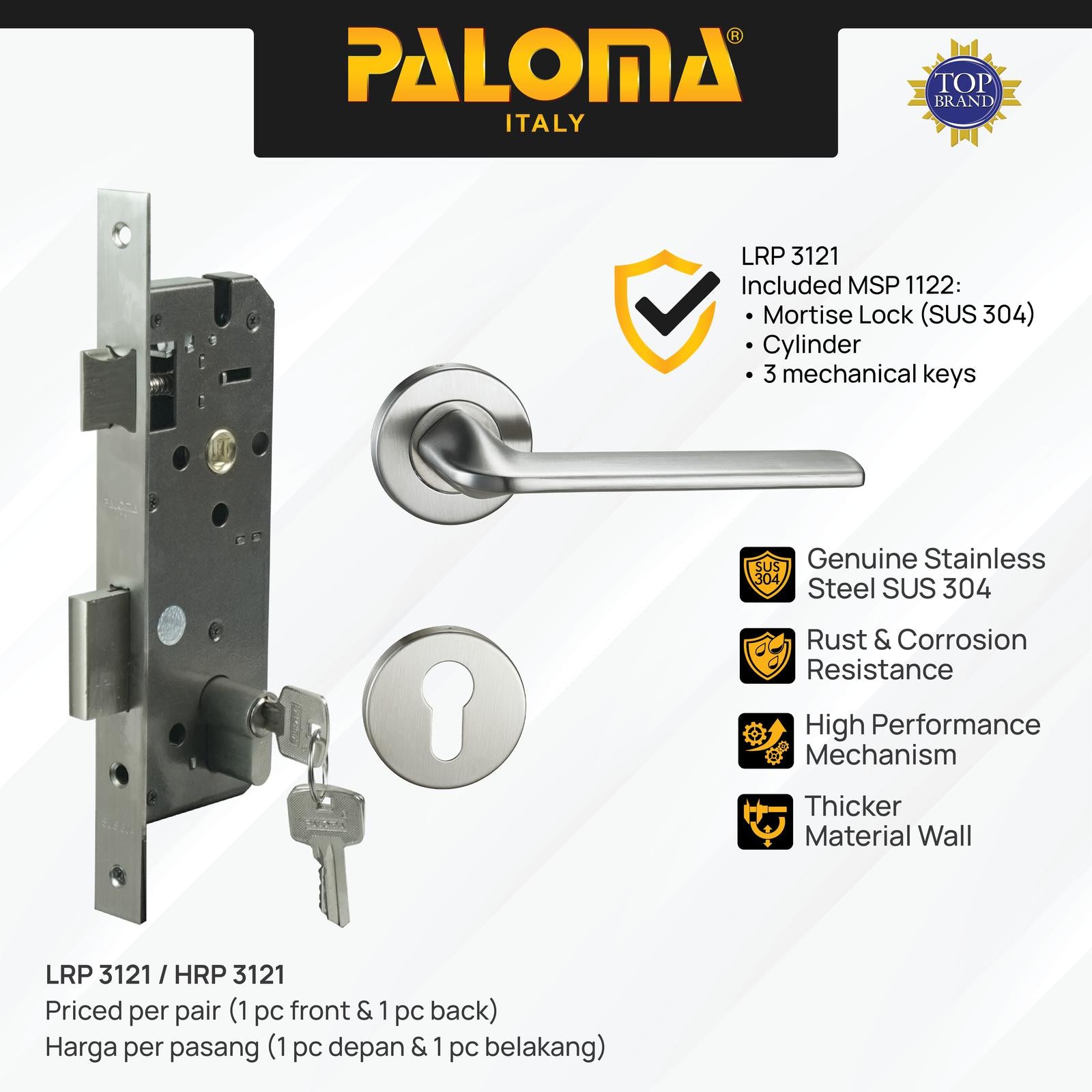 Handle Pintu Roses PALOMA HRP LRP 3121 Satin Stainless Steel SUS 304 Gagang Pintu Door Lever Engkol Pisah Misah Paket Kunci Pintu Lockset Lock Set Complete Komplit