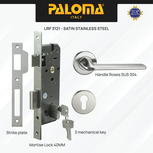Handle Pintu Roses PALOMA HRP LRP 3121 Satin Stainless Steel SUS 304 Gagang Pintu Door Lever Engkol Pisah Misah Paket Kunci Pintu Lockset Lock Set Complete Komplit