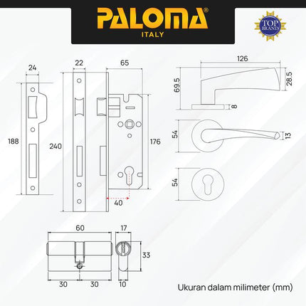 PALOMA Gagang Pintu Door Handle Pintu Roses Lever Engkol Pisah Misah Paket Kunci Pintu Lockset Lock Set Complete Komplit Stainless Steel SUS 304 Satin HRP LRP 3141