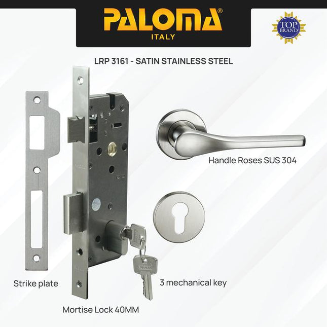 Handle Pintu Roses Set PALOMA HRP LRP 3161 Satin Gagang Pintu Door Lever Engkol Pisah Misah Paket Kunci Pintu Lockset Lock Set Complete Komplit Stainless Steel SUS 304