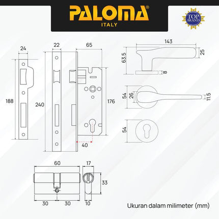 Handle Pintu Roses Set PALOMA HRP LRP 3161 Satin Gagang Pintu Door Lever Engkol Pisah Misah Paket Kunci Pintu Lockset Lock Set Complete Komplit Stainless Steel SUS 304