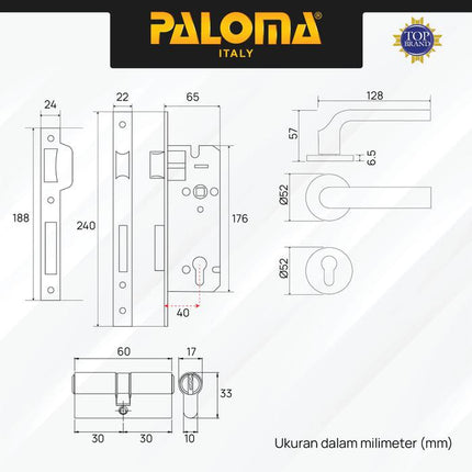PALOMA Gagang Pintu Door Handle Pintu Roses Lever Engkol Pisah Misah Paket Kunci Pintu Lockset Lock Set Complete Komplit Superalum Lite Chrome Silver Black Grey Gold Hitam Abu Emas HRP LRP 8231