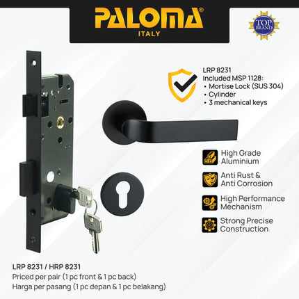 PALOMA Gagang Pintu Door Handle Pintu Roses Lever Engkol Pisah Misah Paket Kunci Pintu Lockset Lock Set Complete Komplit Superalum Lite Chrome Silver Black Grey Gold Hitam Abu Emas HRP LRP 8231