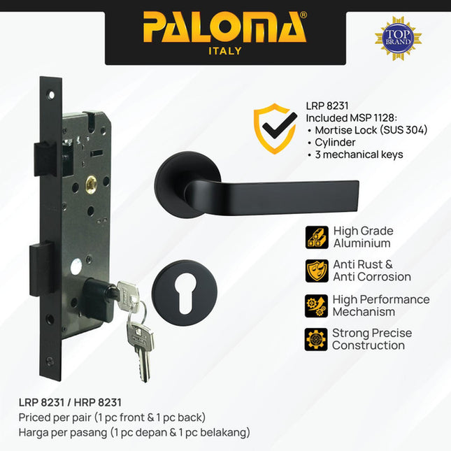 PALOMA Gagang Pintu Door Handle Pintu Roses Lever Engkol Pisah Misah Paket Kunci Pintu Lockset Lock Set Complete Komplit Superalum Lite Chrome Silver Black Grey Gold Hitam Abu Emas HRP LRP 8231